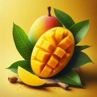 ai generato fetta maturo Mango con gocce, avvicinamento di Mango frutta foto