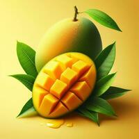 ai generato fetta maturo Mango con gocce, avvicinamento di Mango frutta foto