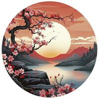 ai generato ciliegia fiori nel il tramonto sfondo. giapponese tatuaggio stile. ai generato foto