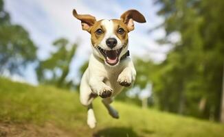 ai generato Jack russel parroco cane correre verso il telecamera Basso angolo alto velocità sparo. ai generato foto