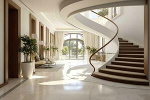 ai generato il interno design di il moderno Ingresso sala con un' scala nel il villa. ai generato foto