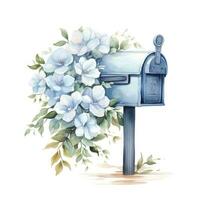 ai generato acquerello leggero blu floreale cassetta postale su un' bianca sfondo. ai generato foto