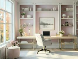 ai generato leggero rosa elegante casa ufficio con scaffali e un' scrivania e il computer portatile. alto qualità. ai generativo foto