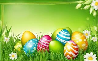 bellissimo cartolina con Pasqua decorazione e dipinto colorato Pasqua uova nel bellissimo natura paesaggio nel primavera. Pasqua uova su il fresco verde prato. generato terreno di gioco ai foto