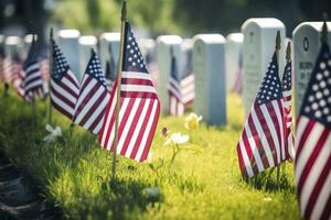 ai generato militare lapidi e lapidi decorato con bandiere per memoriale giorno. ai generato foto