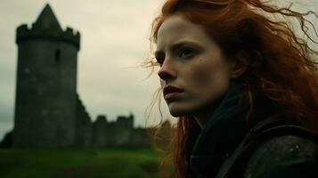 ai generato dai capelli rossi donna di medievale castello rovine ai generato foto