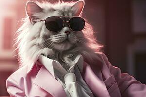 ai generato un' gatto è indossare occhiali da sole, completo da uomo e in piedi su strada. ai generato foto