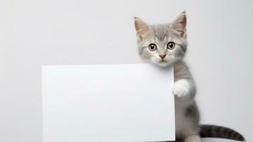ai generato gatto Tenere un' vuoto carta per copia spazio. annuncio, contenuto, informazione concetto foto