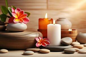 ai generato terme trattamento aroma terapia con candele, pietre e fiori per rilassare benessere. foto