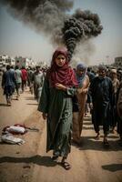 ai generato donna e altro persone a piedi nel il strade di Palestina durante Israele Palestina guerra foto