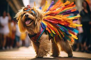 ai generato un' cane vestito nel colorato costume nel il carnevale brasiliano ai generativo foto