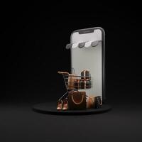 nero Venerdì mobile Telefono modello vuoto schermo aviatore su un' buio sfondo e galleggiante cose nel 3d resa. speciale offrire bandiera e shopping carrello concetto foto