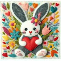 ai generato carino coniglietto con cuore e fiori. San Valentino carta con romantico animale nel provato arte patchwork trapunta, colorato espressionista stile foto