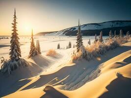 ai generato bellissimo inverno paesaggio con tramonto nel il nevoso montagne, alberi coperto con neve foto