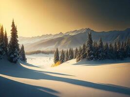 ai generato bellissimo inverno paesaggio con tramonto nel il nevoso montagne, alberi coperto con neve foto