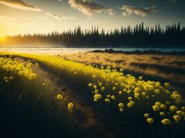 ai generato raggiante i campi di inverno morbido messa a fuoco tramonto prato con giallo fiori della natura abbraccio. un' sinfonia di colori caldo inverno tramonto prato con astratto morbido messa a fuoco natura armonia. foto