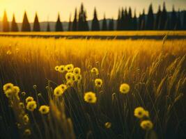 ai generato raggiante i campi di inverno morbido messa a fuoco tramonto prato con giallo fiori della natura abbraccio. un' sinfonia di colori caldo inverno tramonto prato con astratto morbido messa a fuoco natura armonia. foto