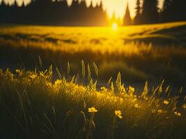 ai generato raggiante i campi di inverno morbido messa a fuoco tramonto prato con giallo fiori della natura abbraccio. un' sinfonia di colori caldo inverno tramonto prato con astratto morbido messa a fuoco natura armonia. foto