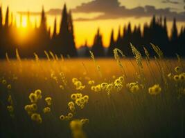 ai generato astratto morbido messa a fuoco tramonto campo paesaggio di giallo fiori e erba prato caldo d'oro ora tramonto Alba volta. tranquillo primavera estate natura avvicinamento e sfocato foresta sfondo. foto