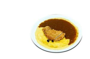 riso al curry con cotoletta di maiale fritta tonkatsu e frittata cremosa - stile giapponese foto