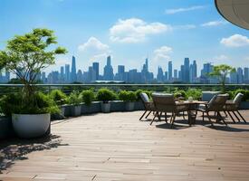 ai generato privato tetto cielo giardino su un' grattacielo condominio o Hotel foto