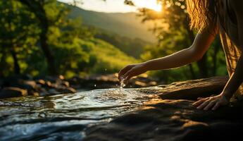 ai generato mani di un' ragazza chi viaggi attraverso il montagne, catturato come lei lavaggi sua mani con un' sbalorditivo glamping Visualizza di natura nel il sfondo foto