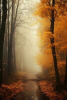 ai generato Magia autunno foresta con a piedi sentiero, bellissimo autunno paesaggio. foto