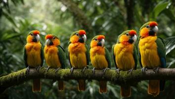 ai generato tropicale pappagalli seduta su un' albero ramo nel il foresta pluviale foto