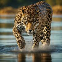 ai generato un' leopardo a piedi attraverso acqua con erba e canne nel il sfondo foto
