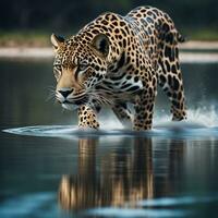 ai generato un' leopardo a piedi attraverso acqua con erba e canne nel il sfondo foto