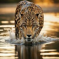 ai generato un' leopardo a piedi attraverso acqua con erba e canne nel il sfondo foto