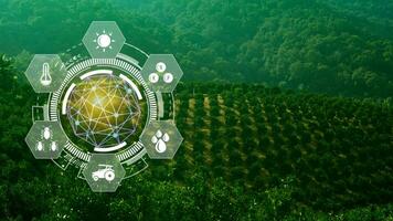 infografica inteligente agricoltura e precisione agricoltura con visivo icona, innovazione tecnologia per inteligente azienda agricola sistema, agricoltura gestione, inteligente tecnologia concetto moderno tecnologia. foto