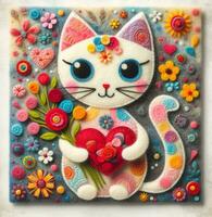 ai generato carino gatto con cuore. San Valentino carta con romantico animale nel provato arte patchwork trapunta, colorato espressionista stile foto