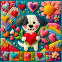 ai generato carino cane con cuore. San Valentino carta con romantico animale nel provato arte patchwork trapunta, colorato espressionista stile foto