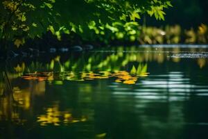 ai generato riflessione di le foglie nel acqua foto