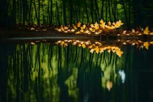 ai generato autunno le foglie riflessa nel il acqua foto