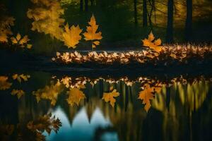 ai generato autunno le foglie su il acqua foto