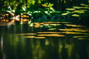 ai generato un' stagno con le foglie e acqua riflessione foto