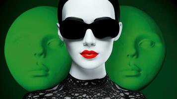 ai generato un' donna con occhiali da sole e rosso rossetto nel davanti di tre verde alieno teste, ai foto