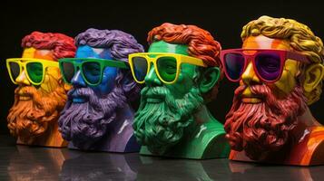 ai generato un' gruppo di statue di barbuto uomini indossare occhiali da sole, ai foto