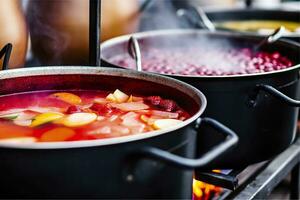 ai generato bevande frutta e frutti di bosco caldo vin brulé vino nel pentole con vapore nel strada cibo mercato. generativo ai foto