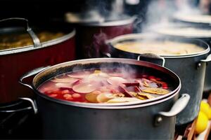 ai generato bevande frutta e frutti di bosco caldo vin brulé vino nel pentole con vapore nel strada cibo mercato. generativo ai foto