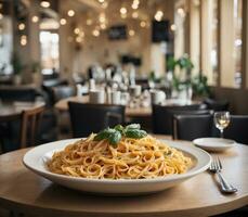 ai generato spaghetti carbonara con basilico su un' di legno tavolo nel un' ristorante foto