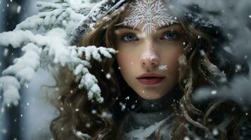 ai generato un' donna con neve su sua viso nel il neve, ai foto