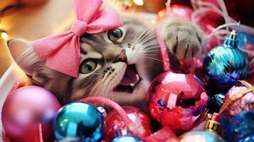 ai generato un' gatto con un' rosa arco posa nel un' ciotola di Natale decorazione, ai foto