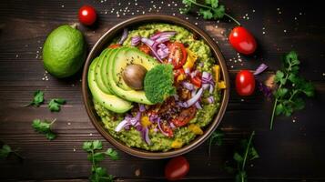 ai generato un' ciotola di guacamole con avocado e pomodori, ai foto