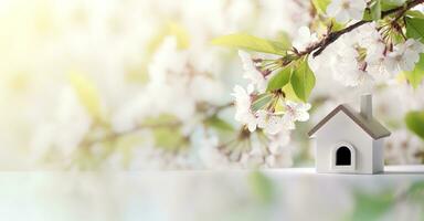ai generato giocattolo Casa e ciliegia fiori, primavera astratto naturale sfondo. generativo ai foto
