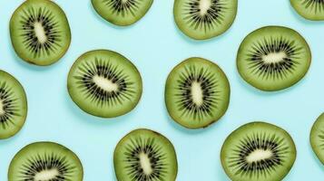 ai generato fette di Kiwi frutta e verde menta le foglie su un' leggero pastello blu sfondo. ai generato foto