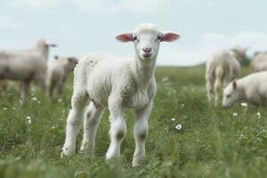 ai generato bianca agnello nel un' campo nel davanti di altro animali. generativo ai foto