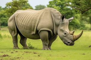 ai generato Sud africano rinoceronte pascolo. ai generato foto